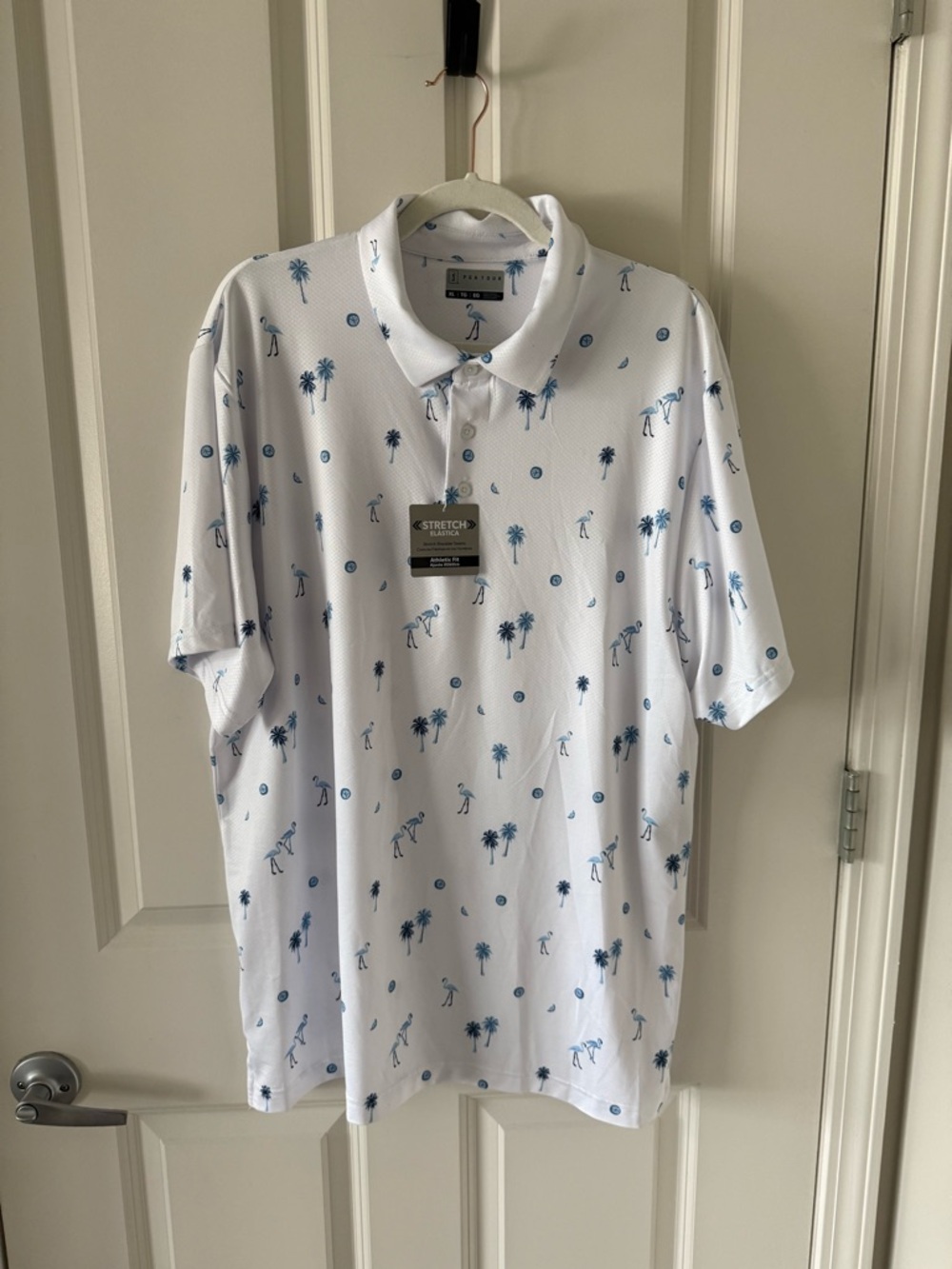 PGA Tour White Polo with Blue Palm & Flamingo Print